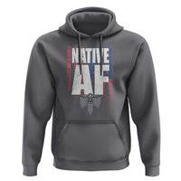 Charcoal gray pullover hoodie with front Native-style graphic print and kangaroo pocket