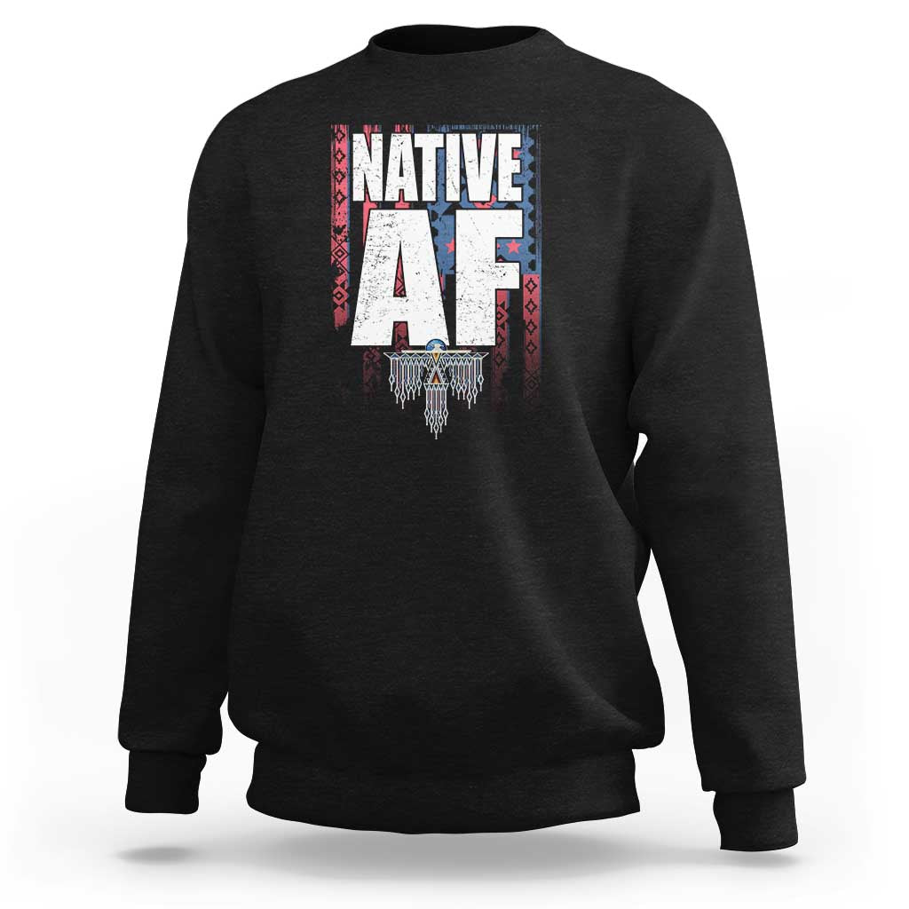 Black crewneck sweatshirt with centered Native-inspired graphic print and ribbed cuffs