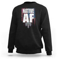 Black crewneck sweatshirt with centered Native-inspired graphic print and ribbed cuffs