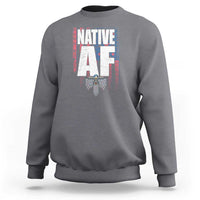 Heather gray crewneck sweatshirt with centered Native-inspired graphic print and ribbed cuffs