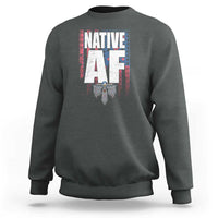 Charcoal gray crewneck sweatshirt with centered Native-inspired graphic print and ribbed cuffs