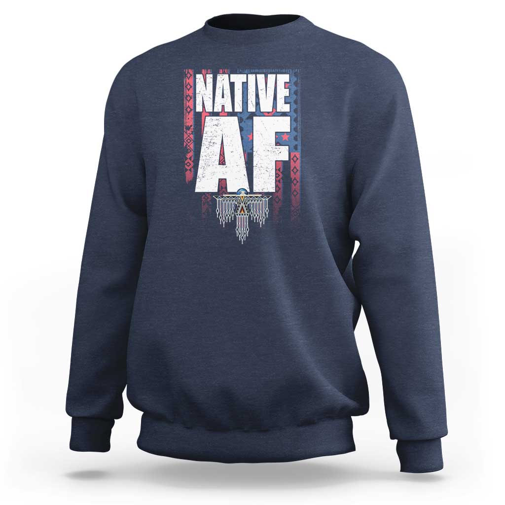 Navy crewneck sweatshirt with centered Native-inspired graphic print and ribbed cuffs