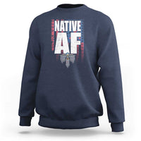 Navy crewneck sweatshirt with centered Native-inspired graphic print and ribbed cuffs
