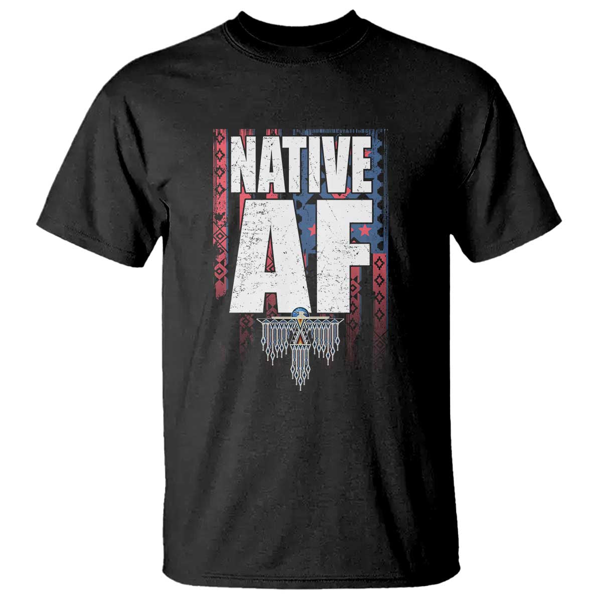 Black Native AF graphic T-shirt with large front lettering and feather design