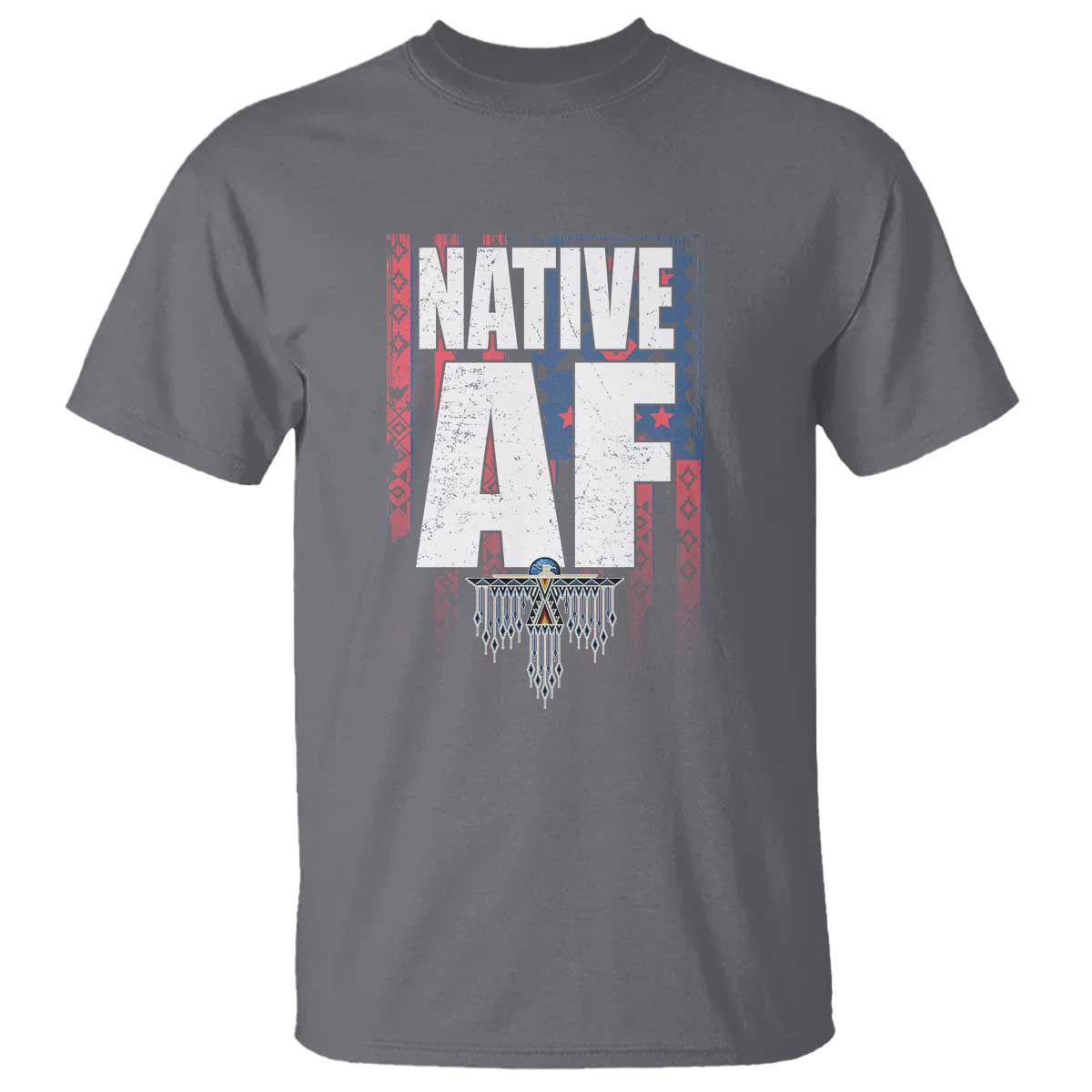 Dark heather gray Native AF graphic T-shirt with large front lettering and feather design