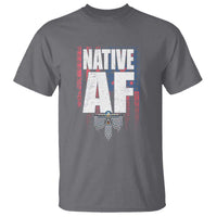 Dark heather gray Native AF graphic T-shirt with large front lettering and feather design