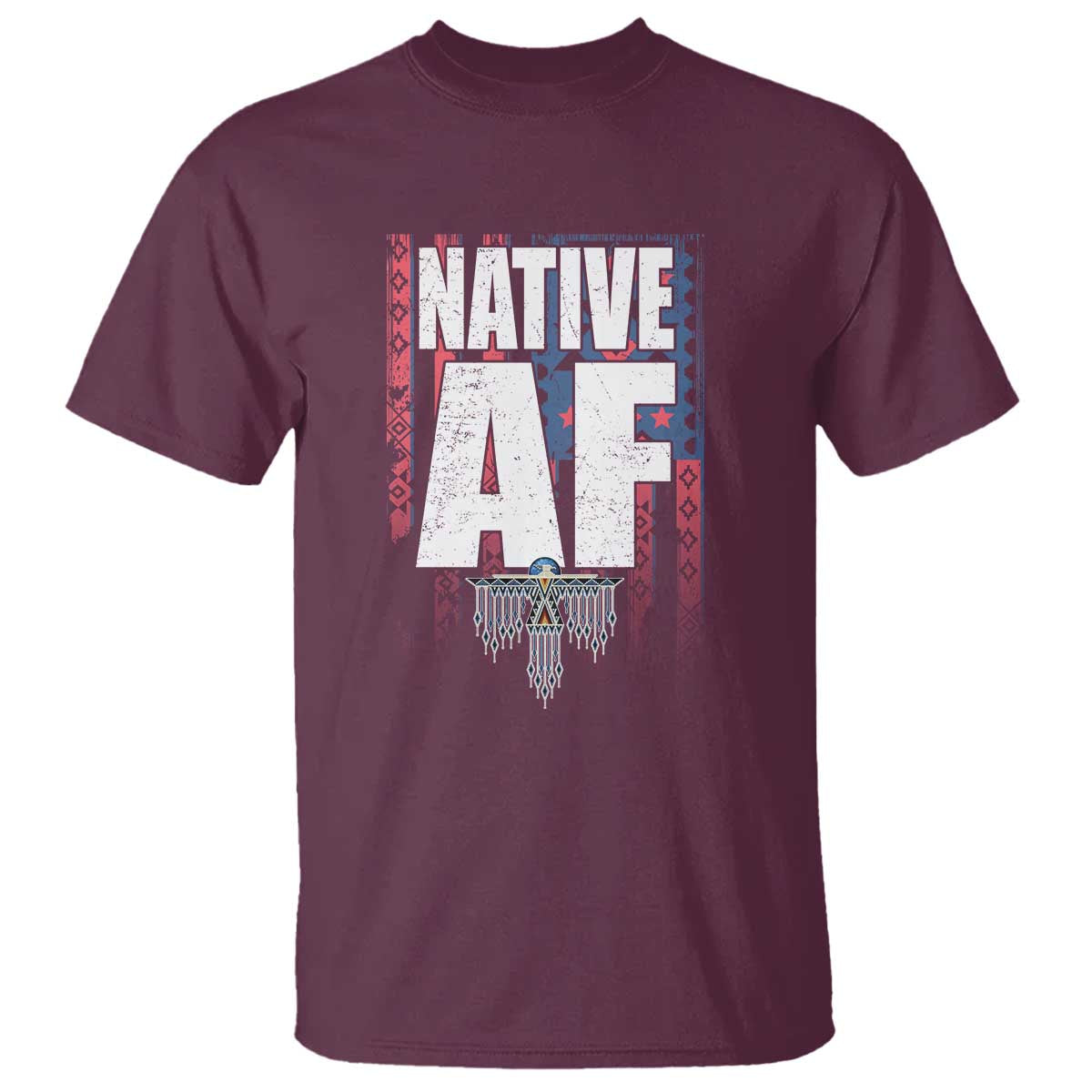 Maroon Native AF graphic T-shirt with large front lettering and feather design