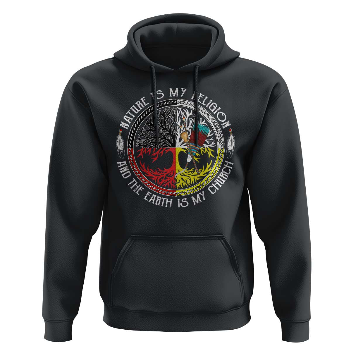 Native American hoodie, black, tree of life circular graphic with hood and pocket
