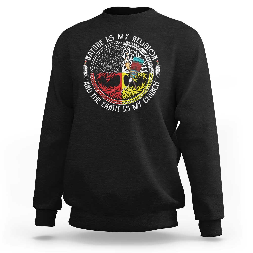 Black crewneck sweatshirt with circular nature logo graphic on chest