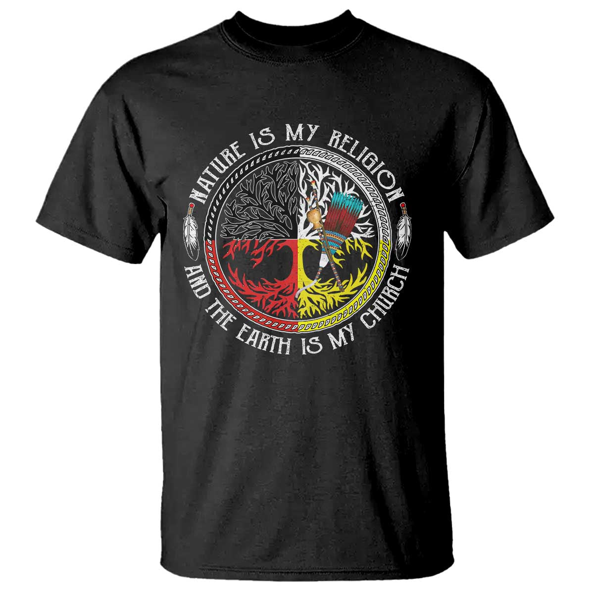 Black graphic crewneck t-shirt: round bird-tree emblem with Nature is My Religion text.