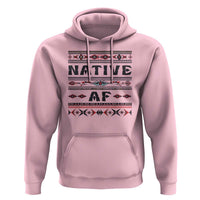 Light pink pullover hoodie with Native AF tribal graphic, hood drawstrings, front kangaroo pocket