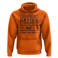 Orange pullover hoodie with Native AF tribal graphic, hood drawstrings, front kangaroo pocket