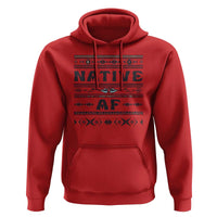 Red pullover hoodie with Native AF tribal graphic, hood drawstrings, front kangaroo pocket