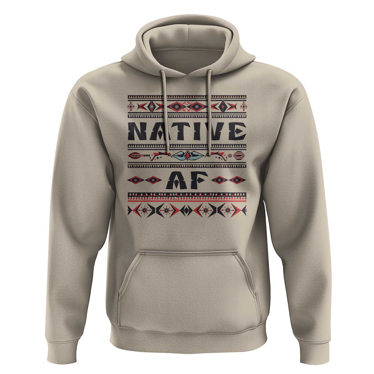 Sand pullover hoodie with Native AF tribal graphic, hood drawstrings, front kangaroo pocket
