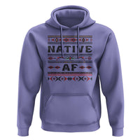 Violet pullover hoodie with Native AF tribal graphic, hood drawstrings, front kangaroo pocket