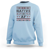 Light blue crewneck sweatshirt with bold 'Native AF' geometric tribal graphic