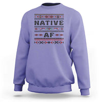 Violet crewneck sweatshirt with bold 'Native AF' geometric tribal graphic