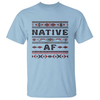 Light blue Native American T-shirt with colorful tribal-style “NATIVE” and “AF” graphic