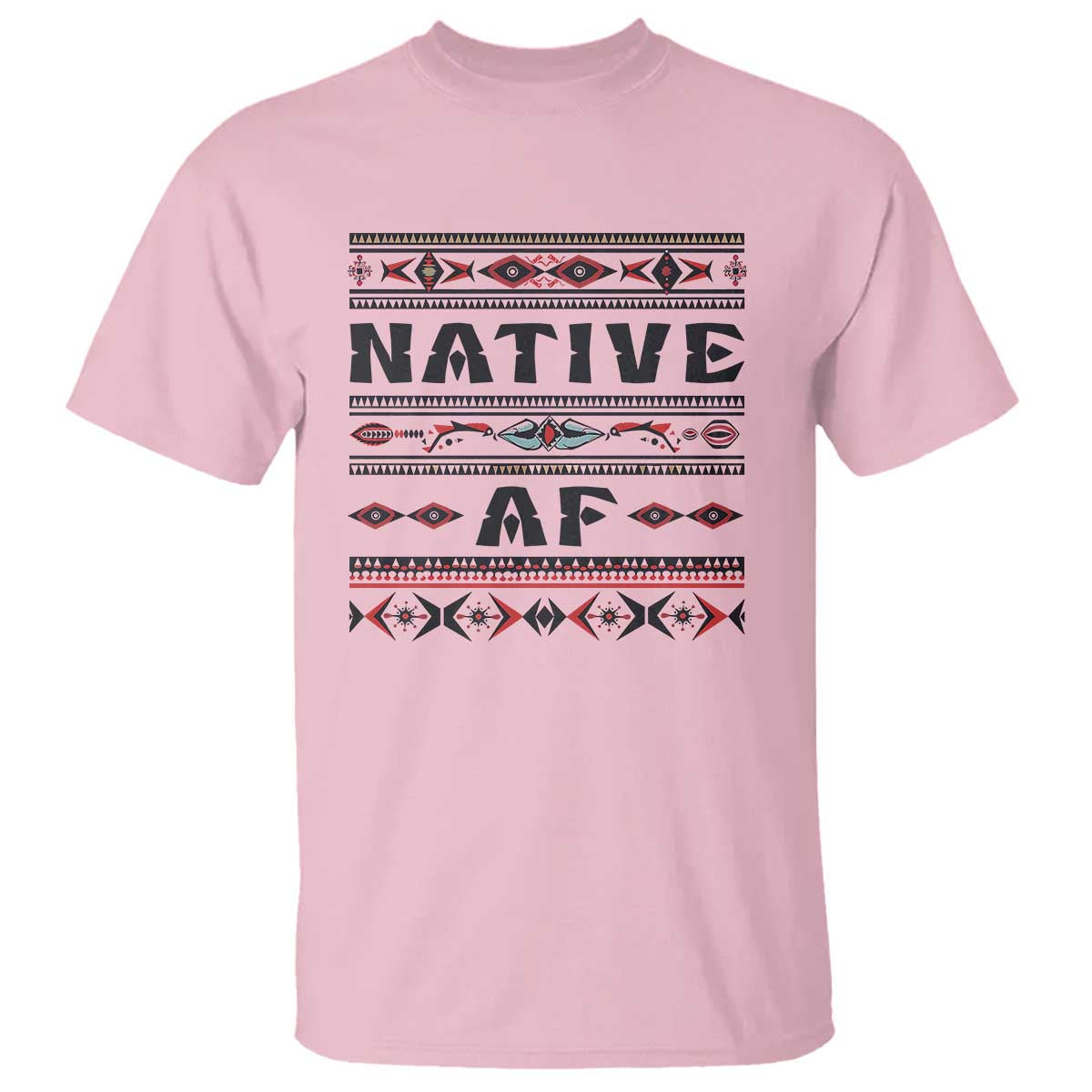 Light pink Native American T-shirt with colorful tribal-style “NATIVE” and “AF” graphic
