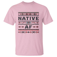 Light pink Native American T-shirt with colorful tribal-style “NATIVE” and “AF” graphic