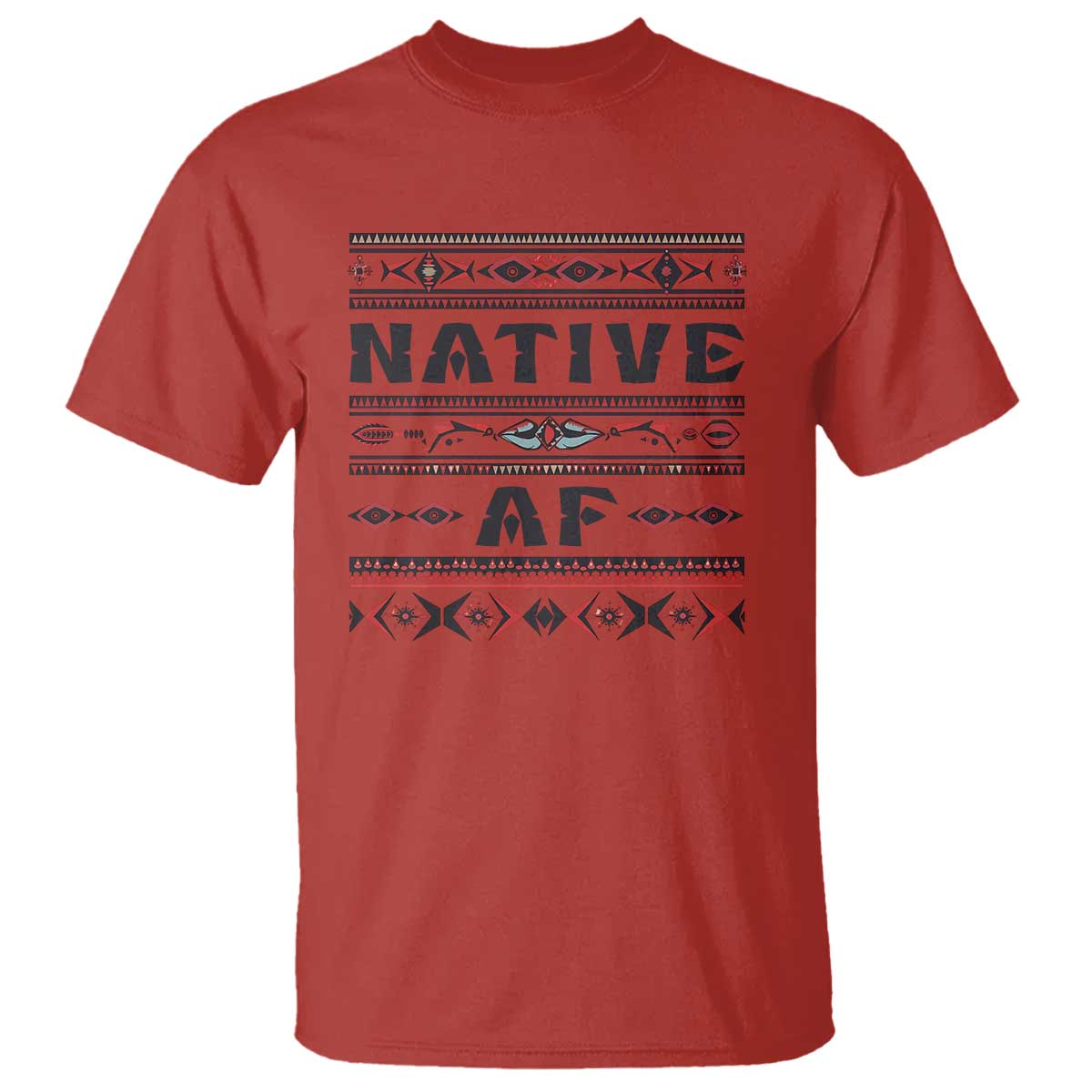 Red Native American T-shirt with colorful tribal-style “NATIVE” and “AF” graphic