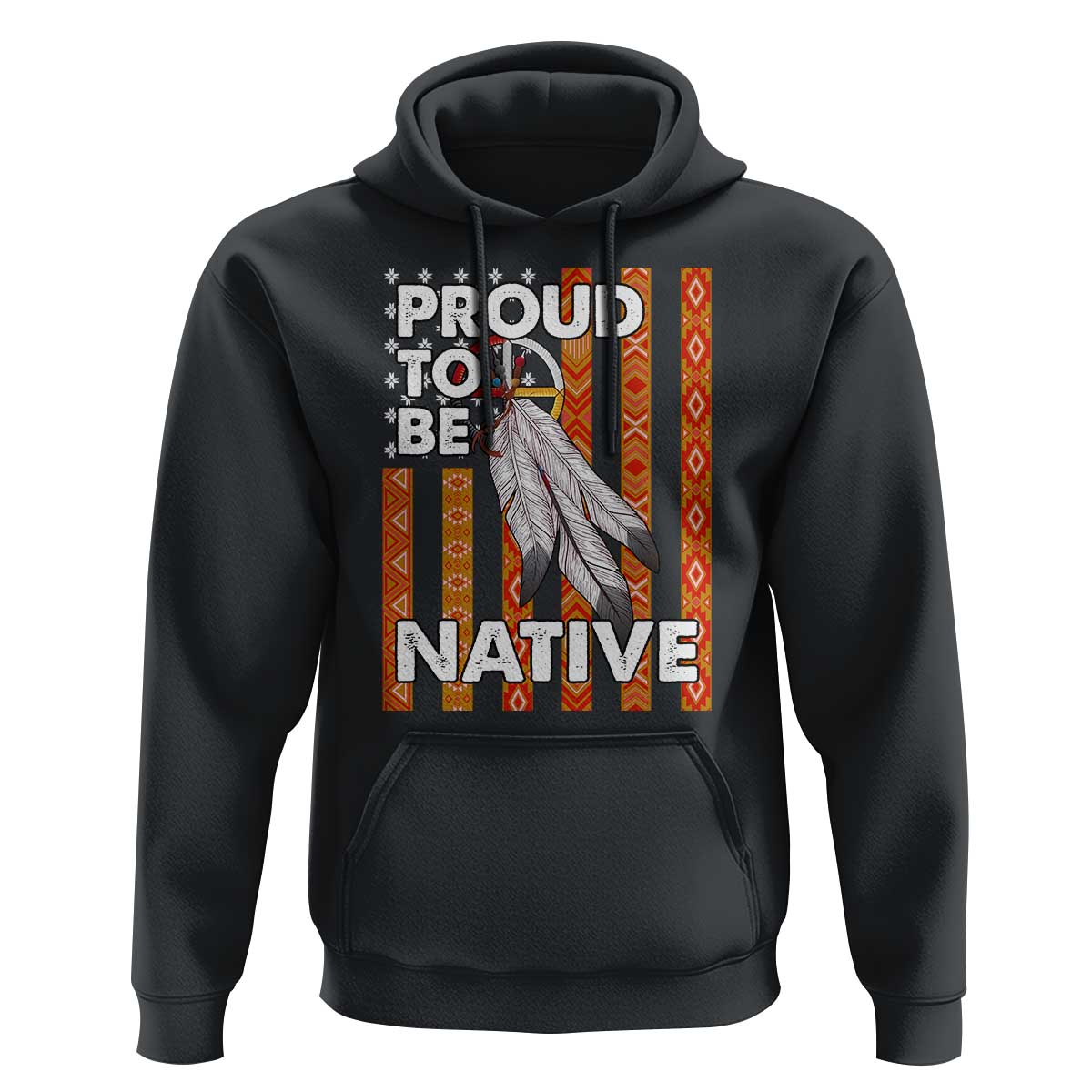 Charcoal Native American pullover hoodie with “PROUD TO BE NATIVE” feather tribal graphic