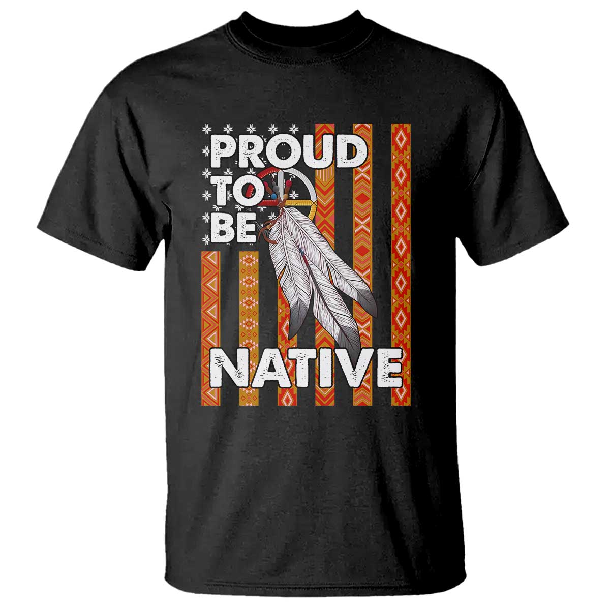Black T-shirt with “Proud to Be Native” graphic, feather and tribal pattern stripes
