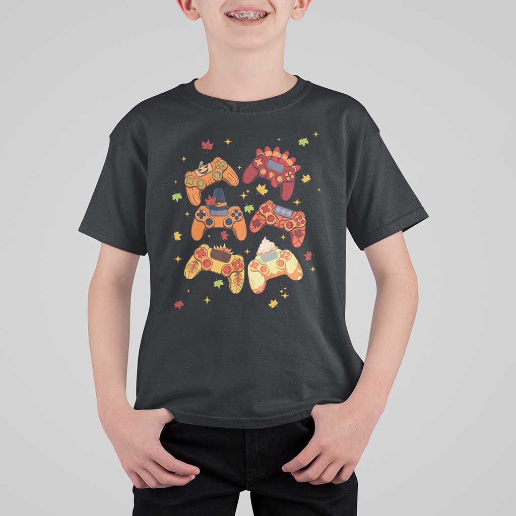 Fall Season Gamers T Shirt For Kid Gaming Controllers Pumpkin Turkey Autumn Maple Leaf - Wonder Print Shop