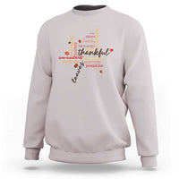 Ice gray crewneck fall sweatshirt with multicolor Thanksgiving leaf word art