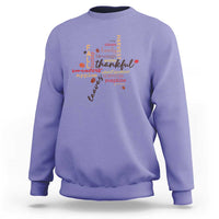 Violet crewneck fall sweatshirt with multicolor Thanksgiving leaf word art