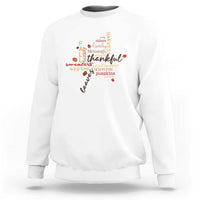 White crewneck fall sweatshirt with multicolor Thanksgiving leaf word art