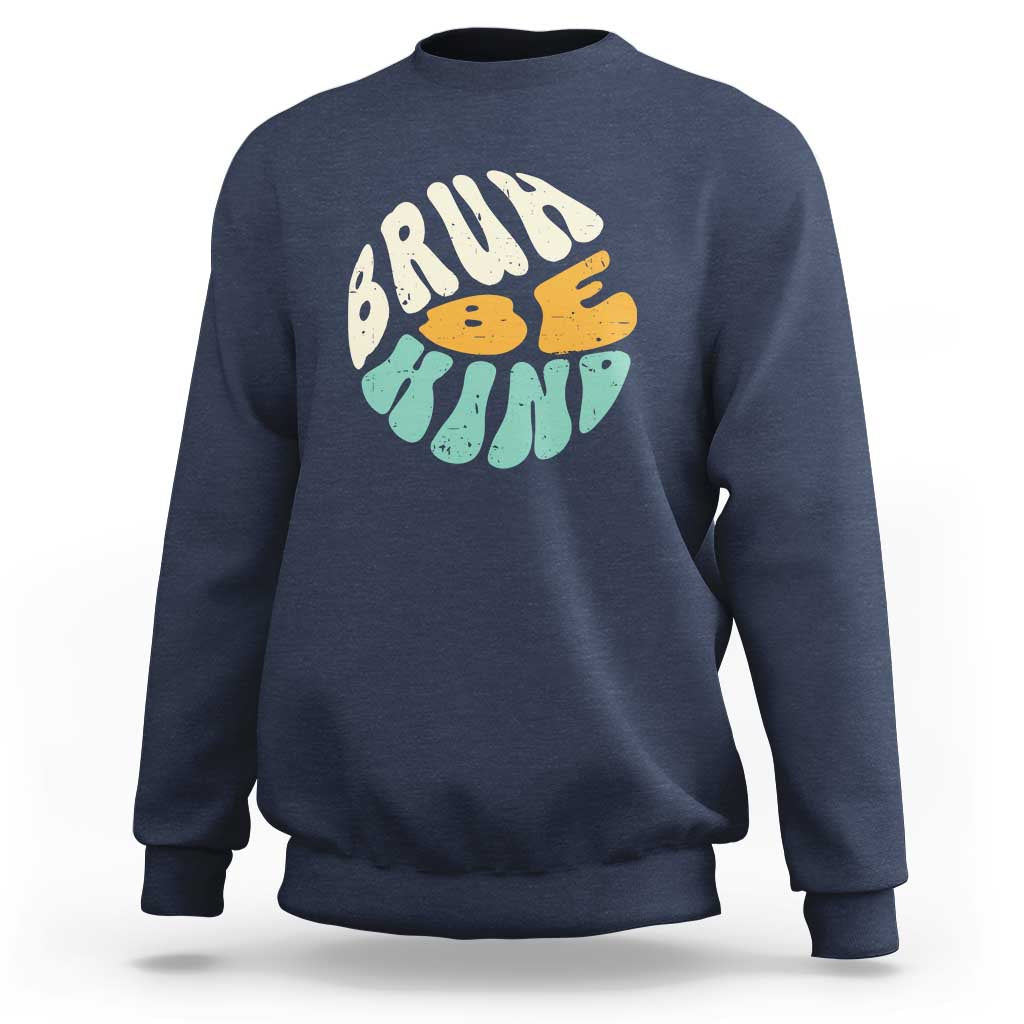 Navy crewneck sweatshirt with BRUH kind graphic on the front
