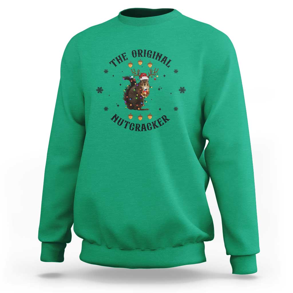 Irish green crewneck sweatshirt with nutcracker graphic and winter snowflake accents
