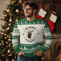 Green Christmas sweater with nutcracker graphic, tree motifs, and fair isle border