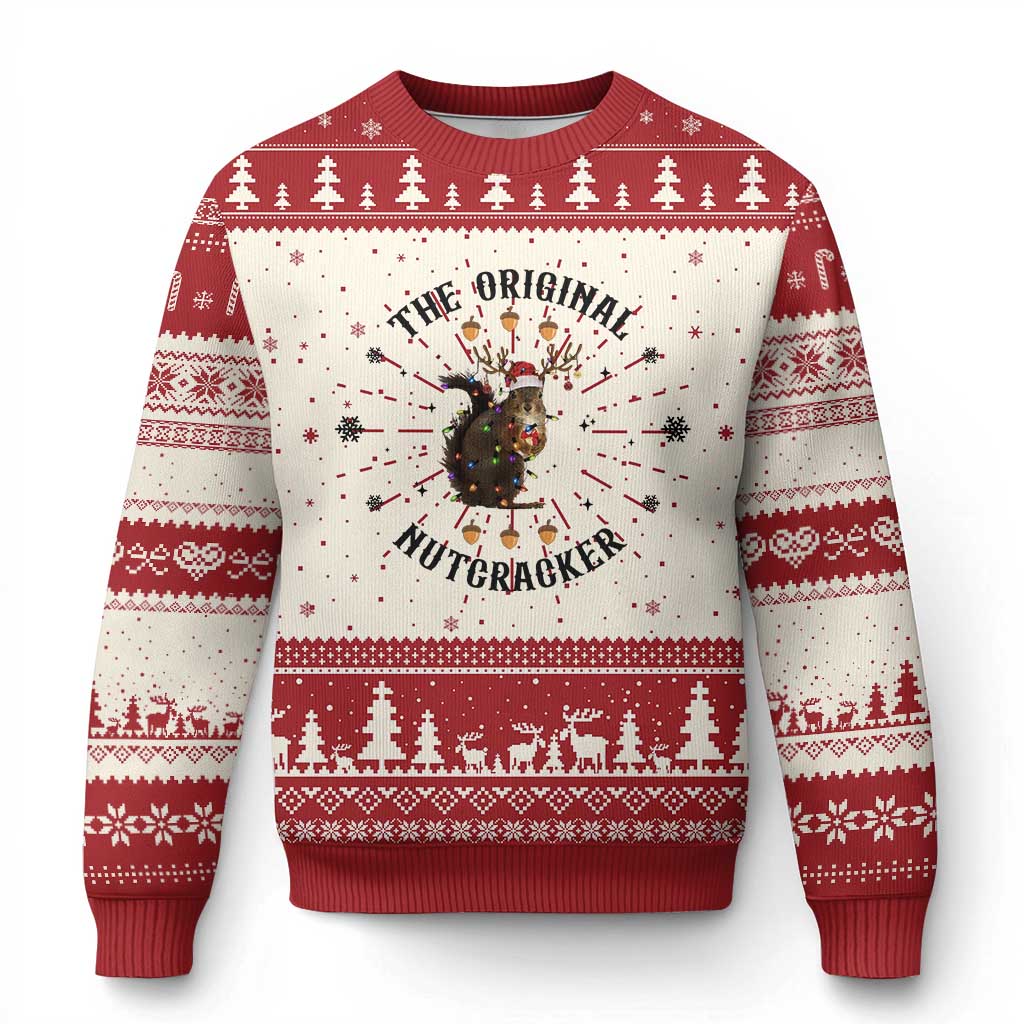 Red Christmas sweater with nutcracker graphic, snowflake trees, and fair isle bands