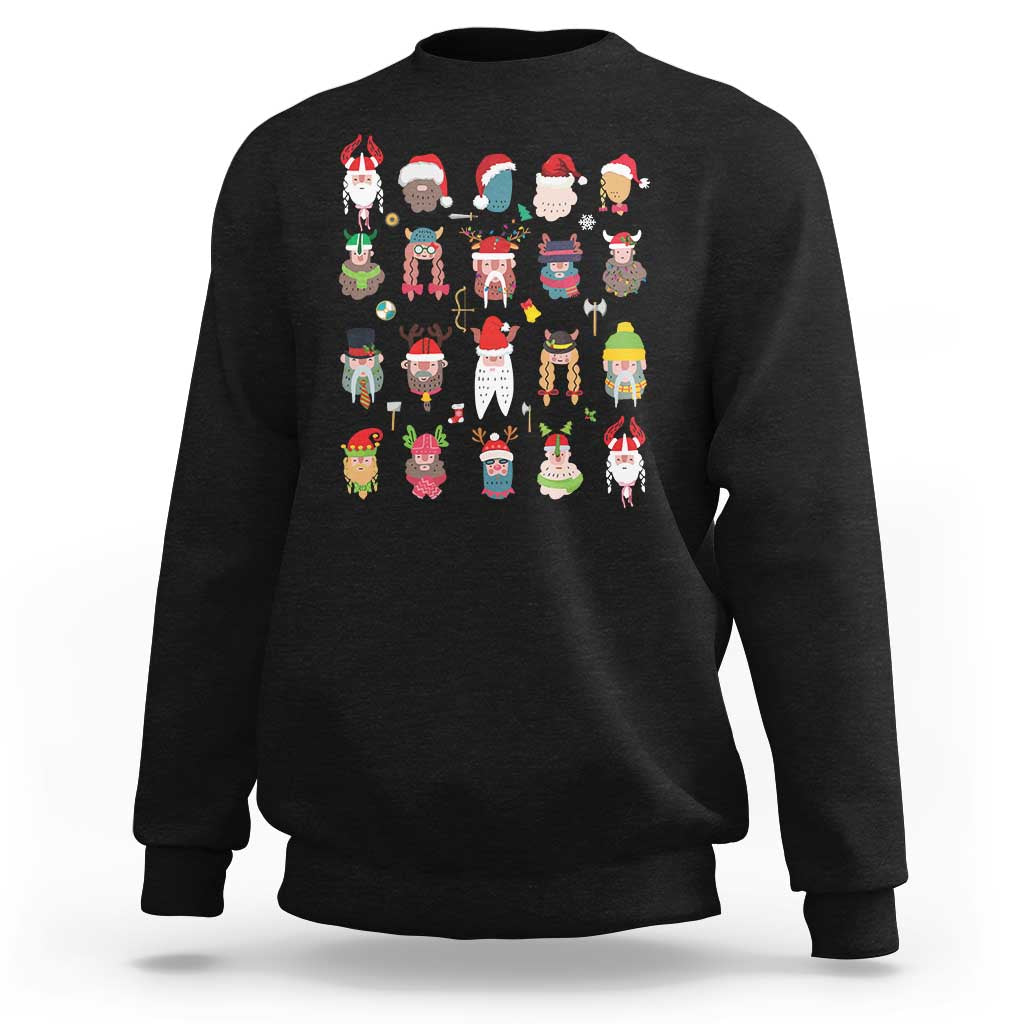 Black crewneck sweatshirt with long sleeves and cute Christmas Viking character graphic