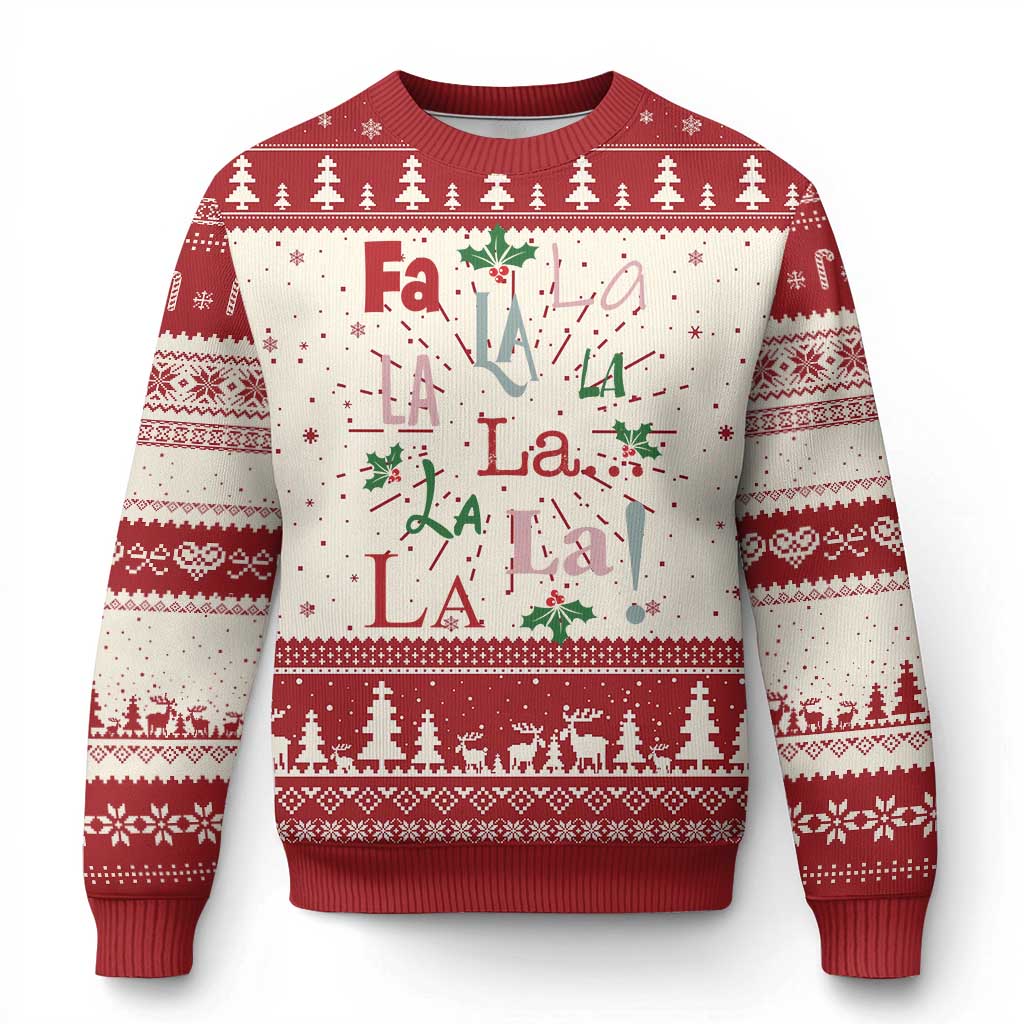 Red and cream Christmas sweater with tree border and “Fa La La” ornament graphic
