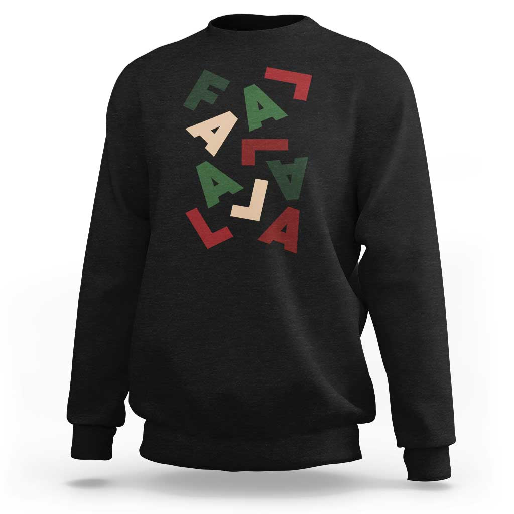 Black crewneck sweatshirt with multicolor 'Fa La La' holiday graphic