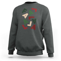 Dark heather crewneck sweatshirt with multicolor 'Fa La La' holiday graphic