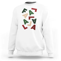 White crewneck sweatshirt with multicolor 'Fa La La' holiday graphic