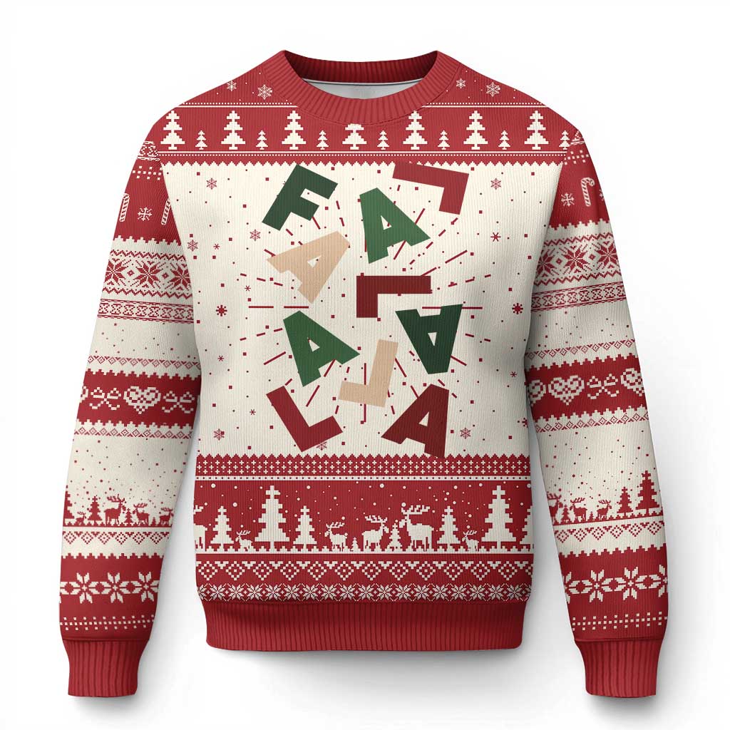 Red and cream ugly Christmas sweater with large 'A' graphic and festive knit borders