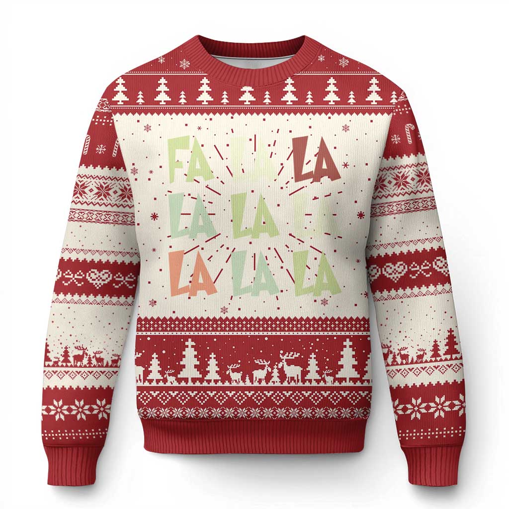 Red and cream ugly Christmas sweater with trees and bold 'FA LA' text