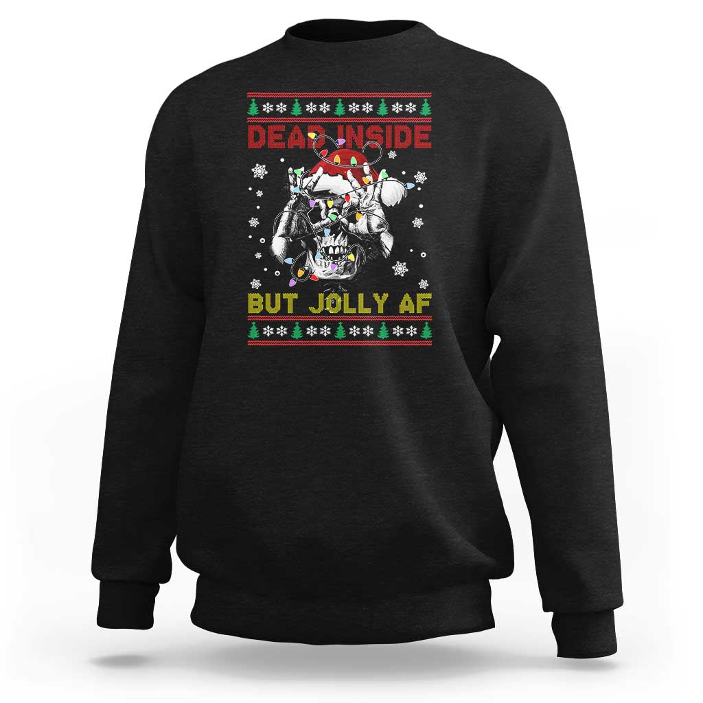 Black crewneck sweatshirt with festive skeleton graphic and holiday text on front.