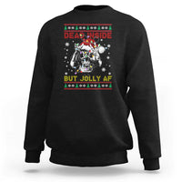 Black crewneck sweatshirt with festive skeleton graphic and holiday text on front.