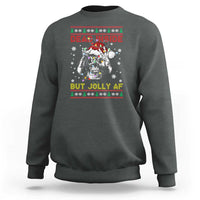 Dark heather crewneck sweatshirt with festive skeleton graphic and holiday text.