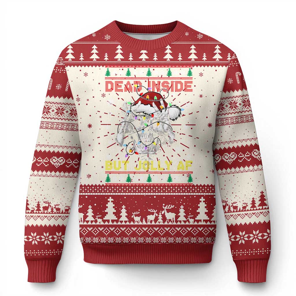 Red and cream ugly Christmas sweater with skeleton graphic and holiday knit pattern