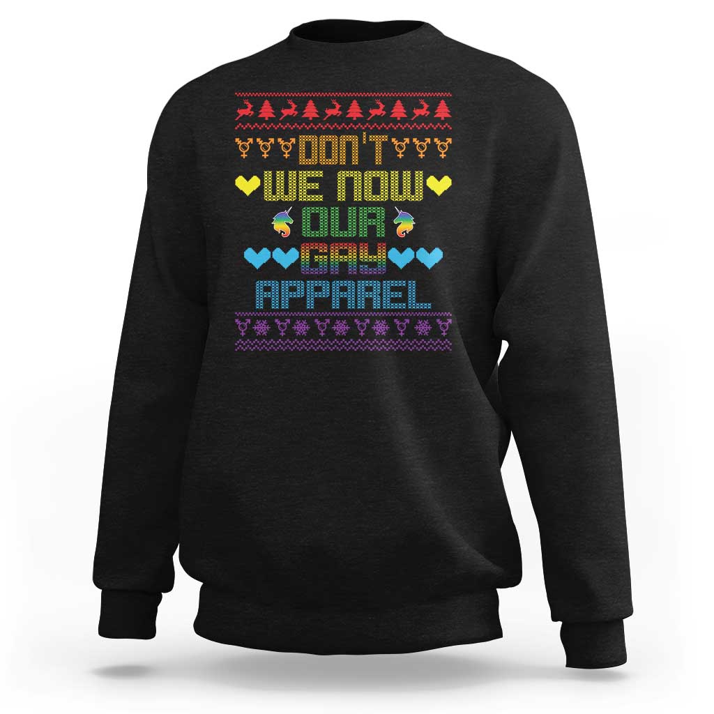 Black crewneck sweatshirt with colorful LGBTQ Christmas slogan graphic