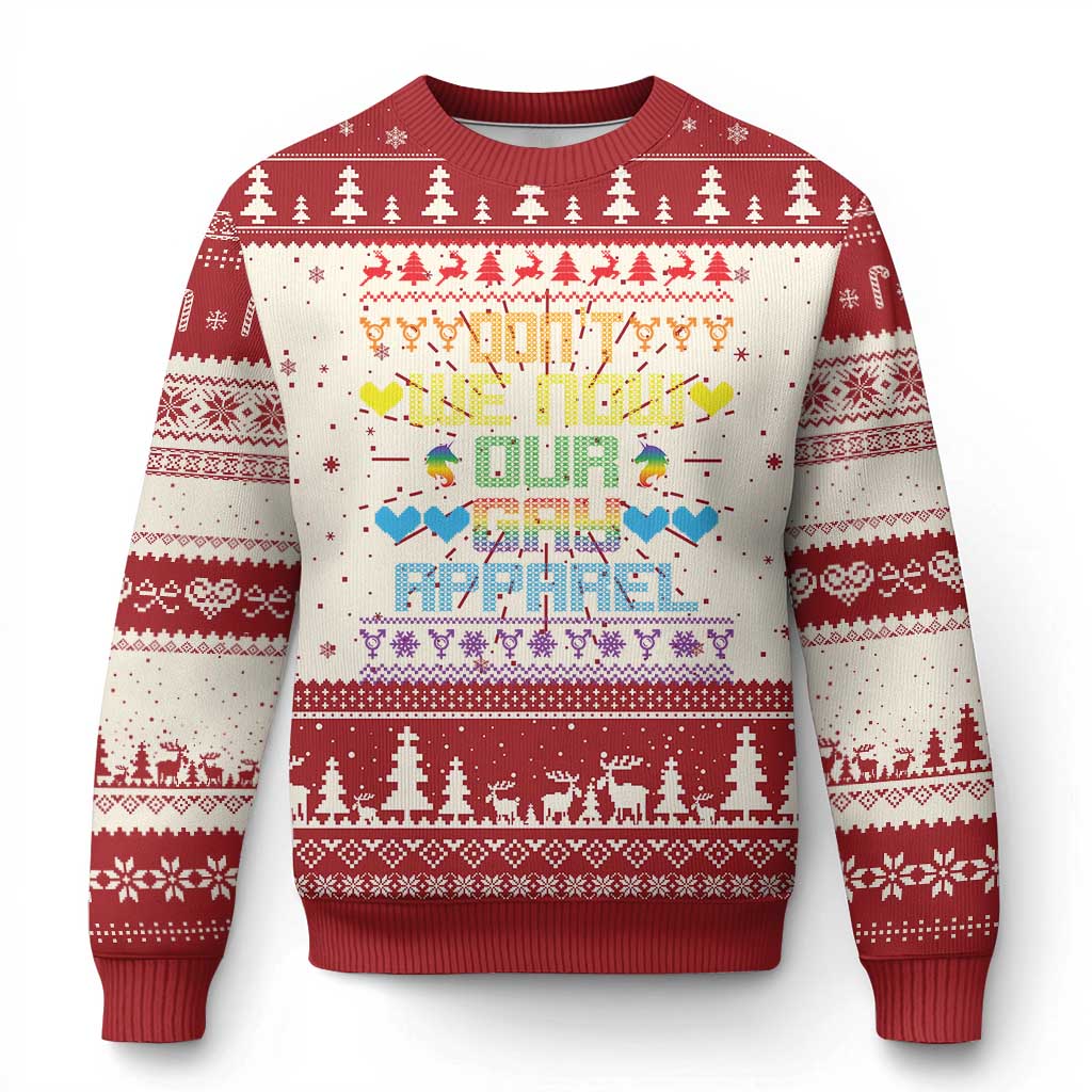 Red ugly Christmas sweater with rainbow graphic text and festive tree fair isle pattern