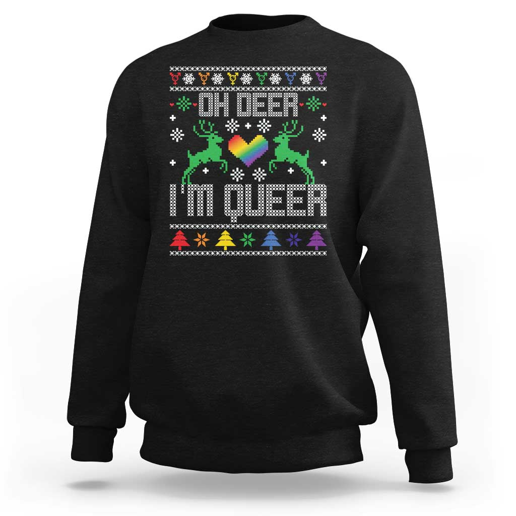 Black crewneck Christmas sweatshirt with green deer, rainbow heart, and 'I'm Queer' text.