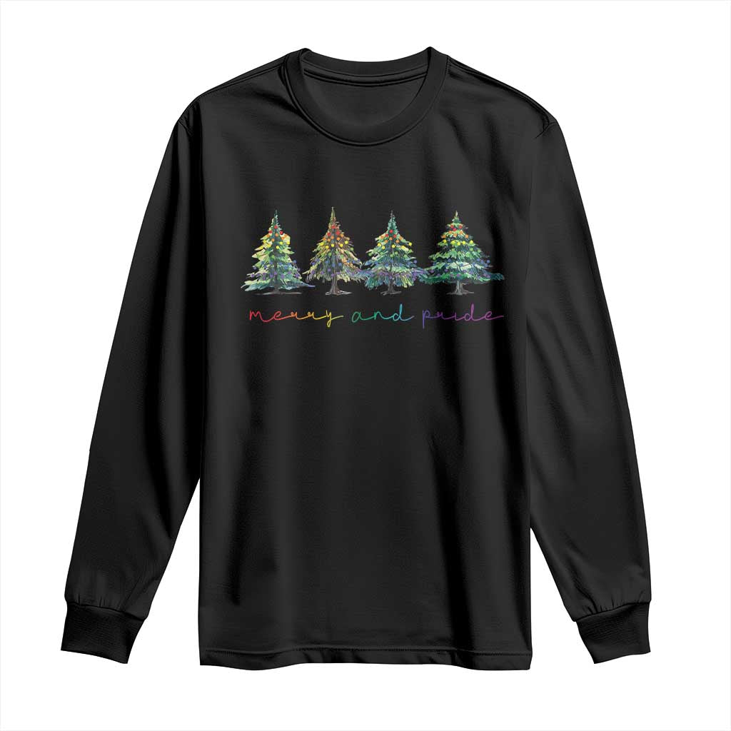 Black long-sleeve T-shirt with rainbow Christmas trees and "Merry and pride" print